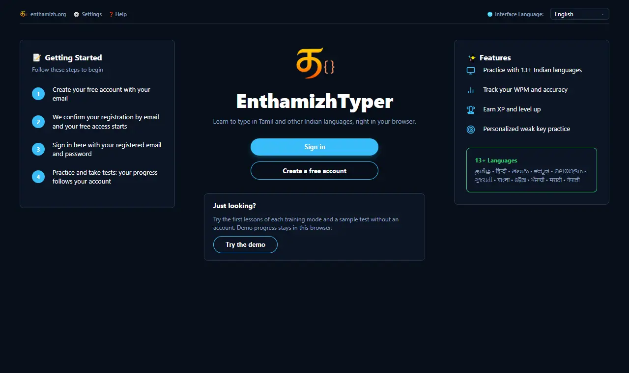 Welcome screen with sign in, create account and demo